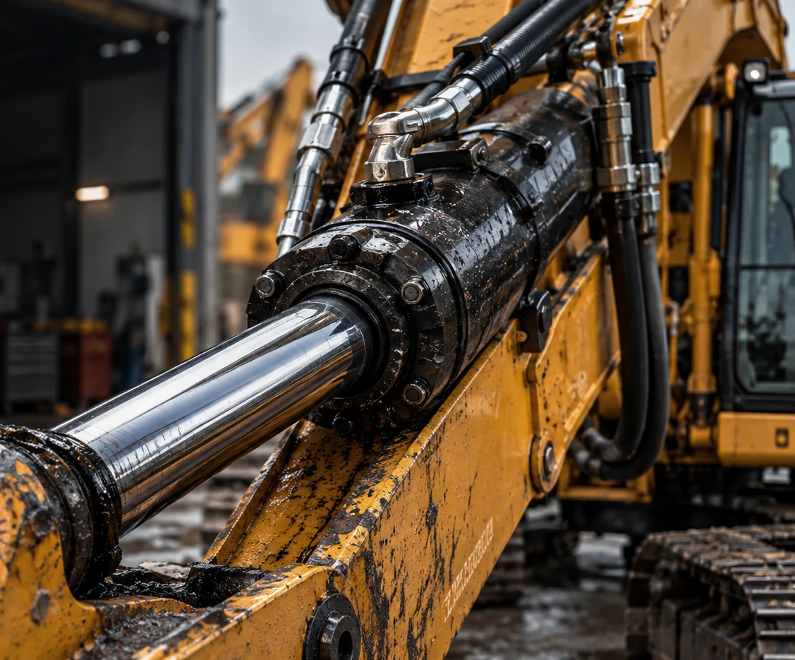 Zbliżenie siłownika hydraulicznego ciężkiej maszyny z widocznymi elementami mechanicznymi