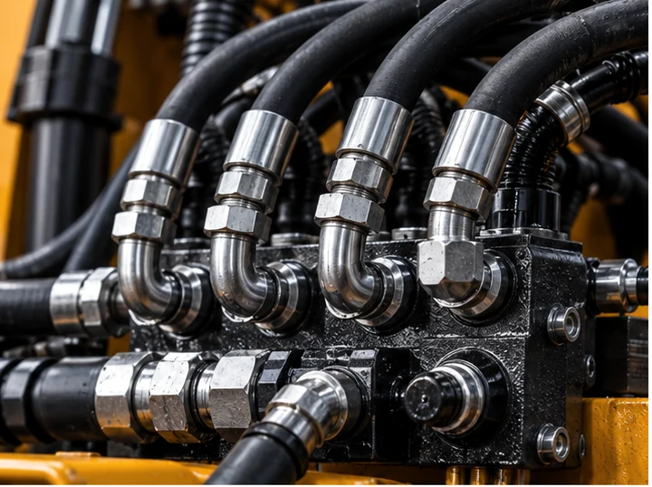 Dokładne zbliżenie przewodów hydraulicznych i mocowań